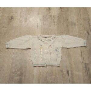 Vintage Quiltex White Cardigan Sweater Bows Pink, Blue Knit 12 Months Ruffles